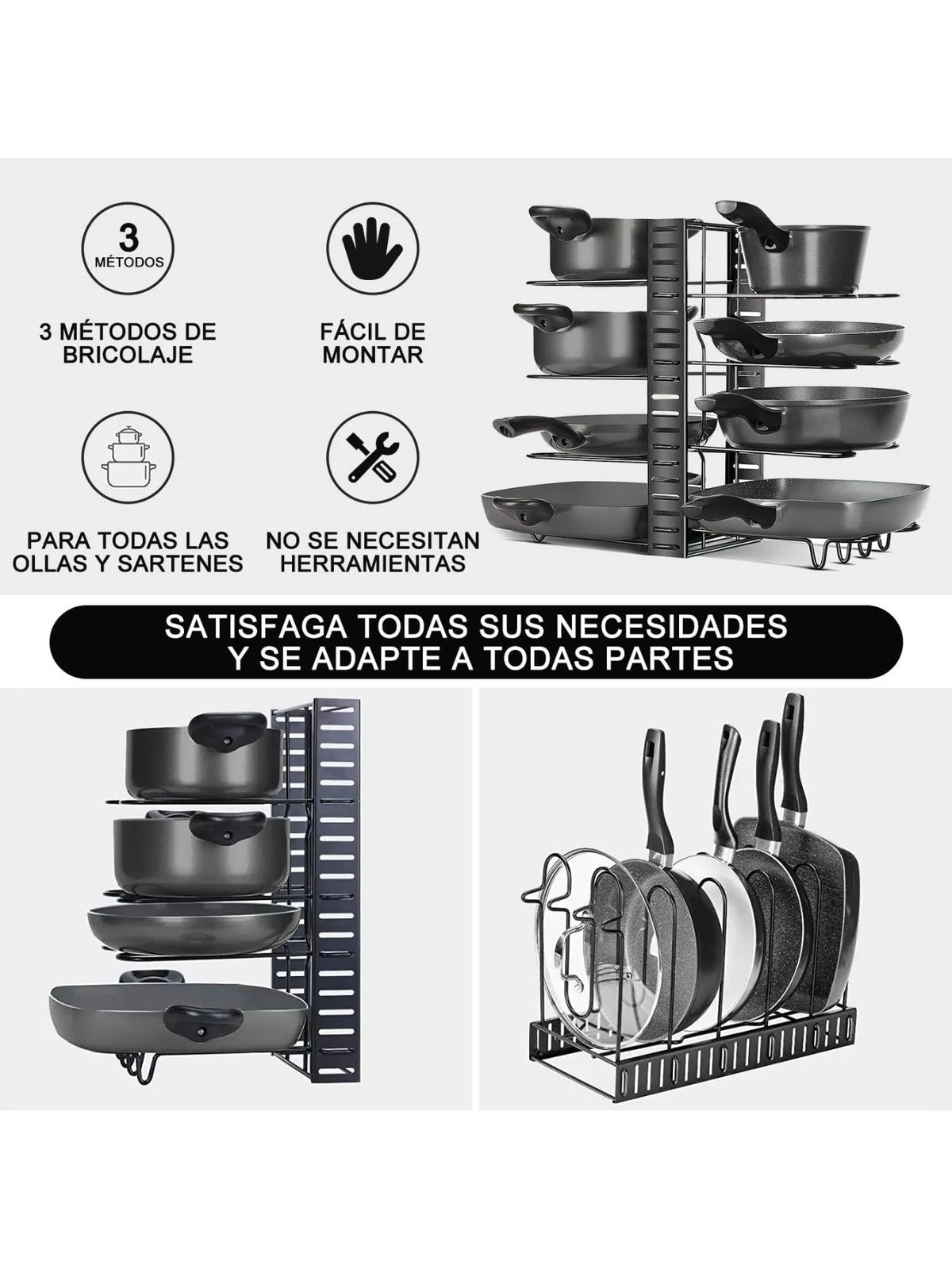 Organizador ajustable para sartenes de 8 niveles