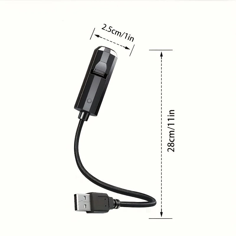 Proyector USB negro de cuello flexible con diagrama de dimensiones.