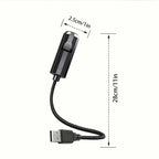 Proyector USB negro de cuello flexible con diagrama de dimensiones.