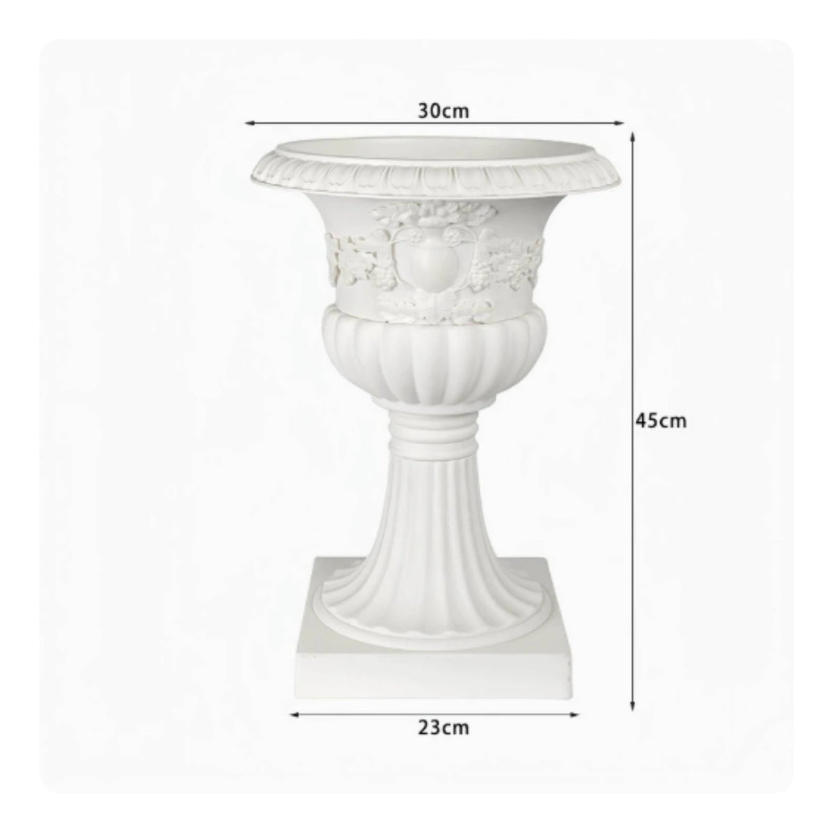 Maceta de relieve floral con diagrama de 45 cm de altura.