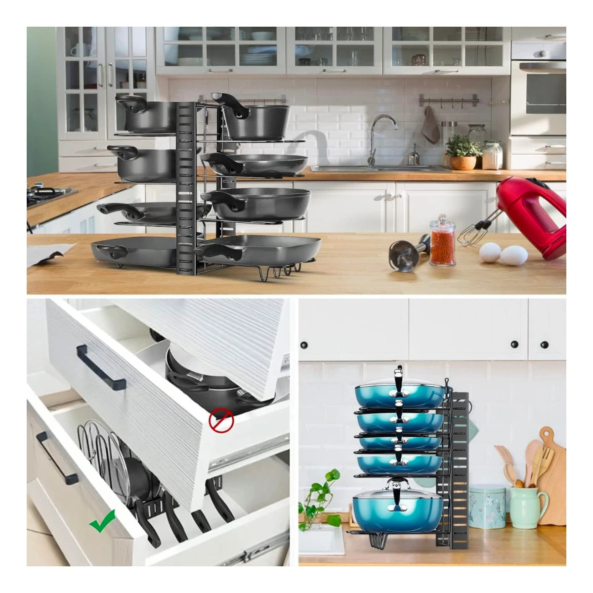 Organizador ajustable para sartenes de 8 niveles