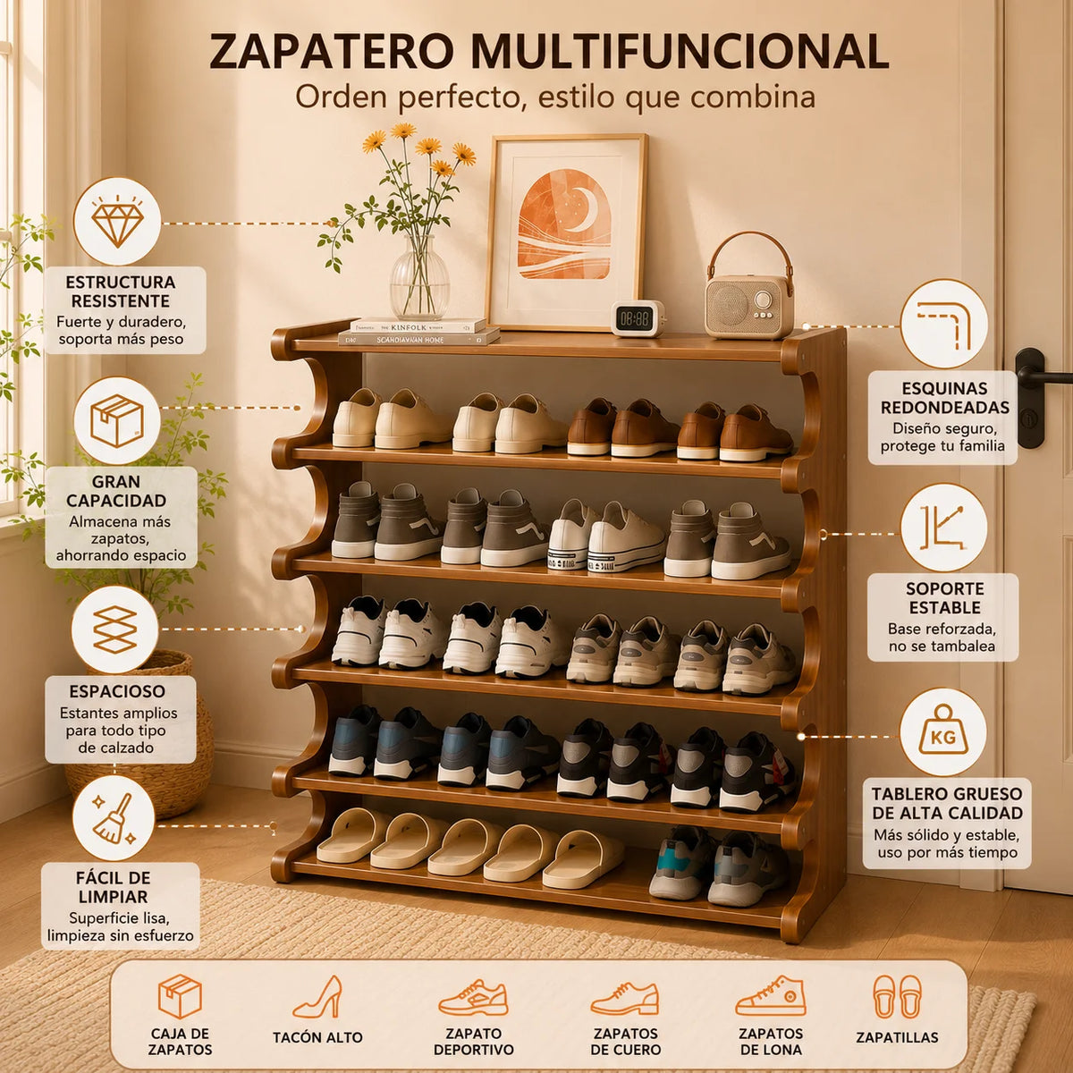 Zapatera de bambú de 6 niveles