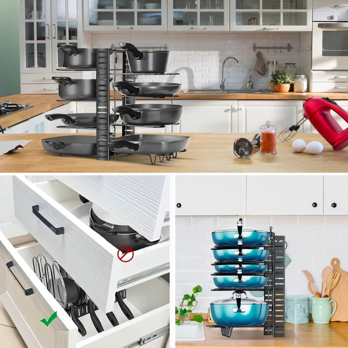 Organizador ajustable para sartenes de 8 niveles