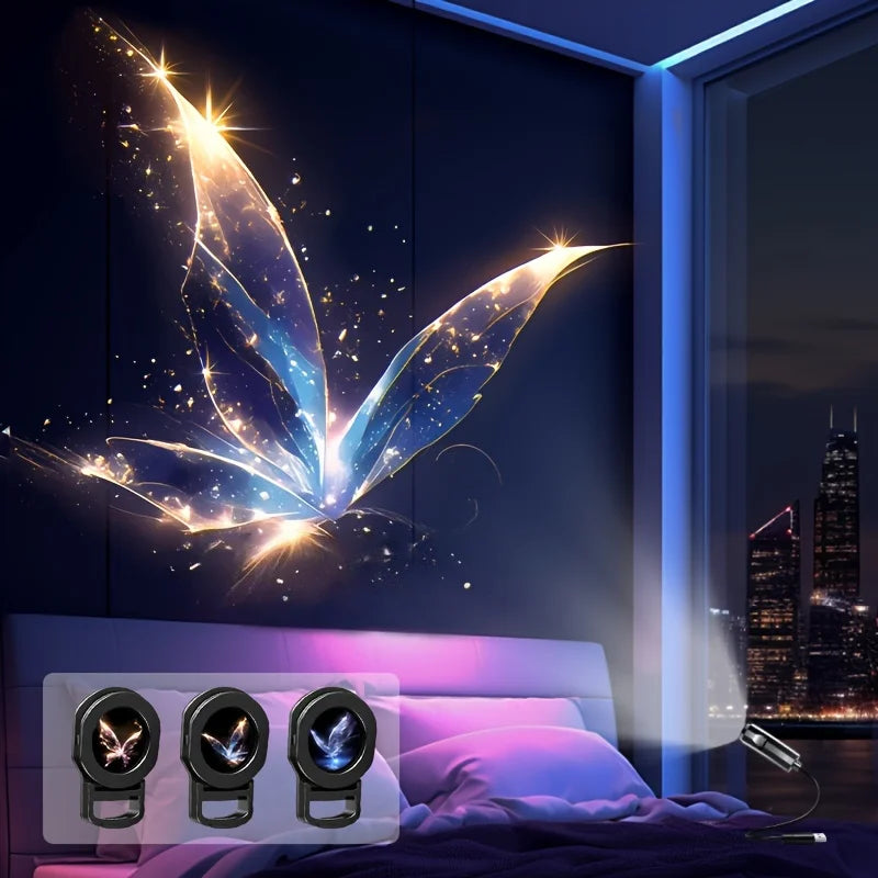 Proyector USB con tres láminas de mariposas luminosas.
