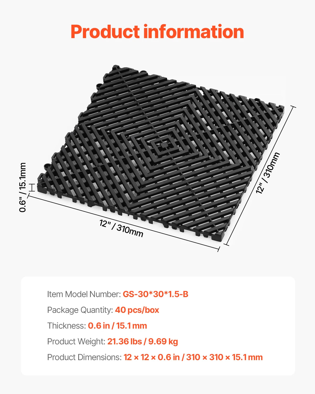 Piso modular con drenaje de 30.5 × 30.5 cm