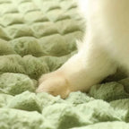 Detalle de la textura acolchada verde de la cama para mascotas.