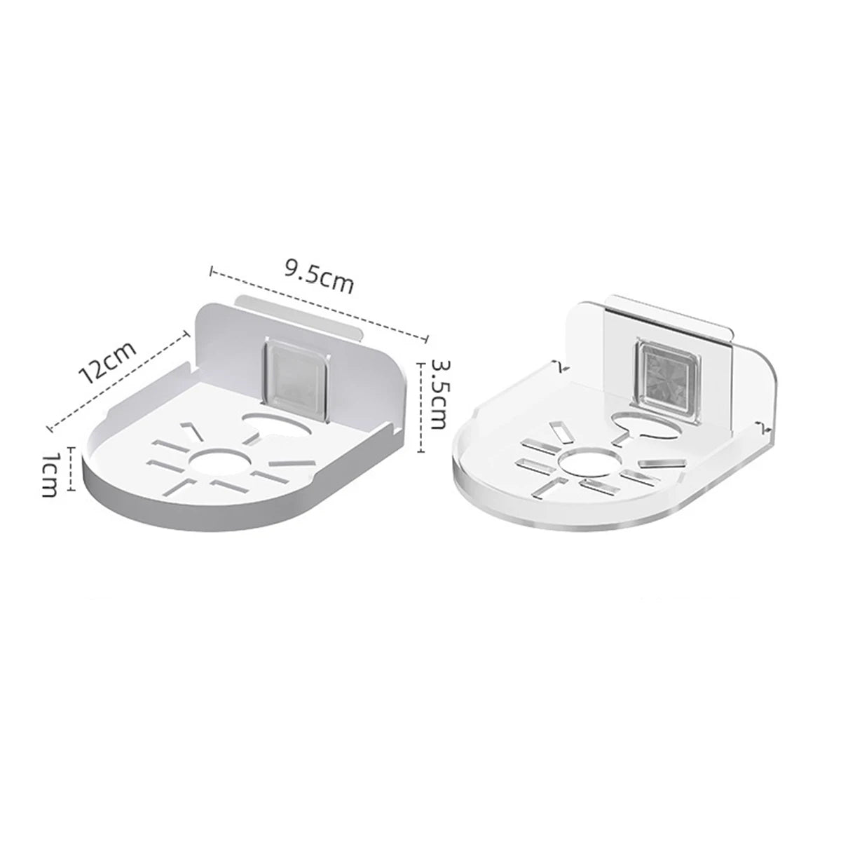 Bases redondeadas blanca y transparente con medidas de referencia de 12 por 9.5 cm
