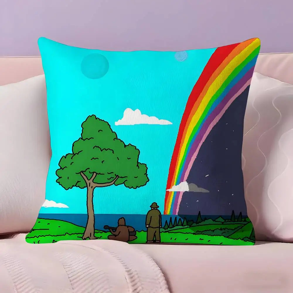 Funda ilustrada con árbol verde y arcoíris sobre un paisaje