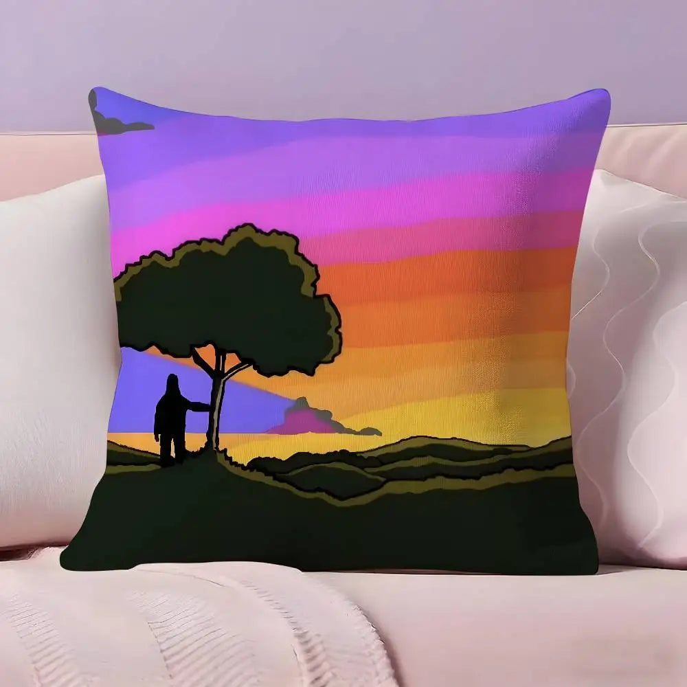 Funda ilustrada con árbol y siluetas al atardecer