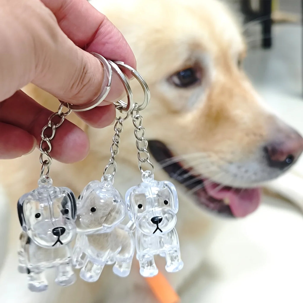Tres llaveros transparentes con forma de perro y cadenas plateadas.