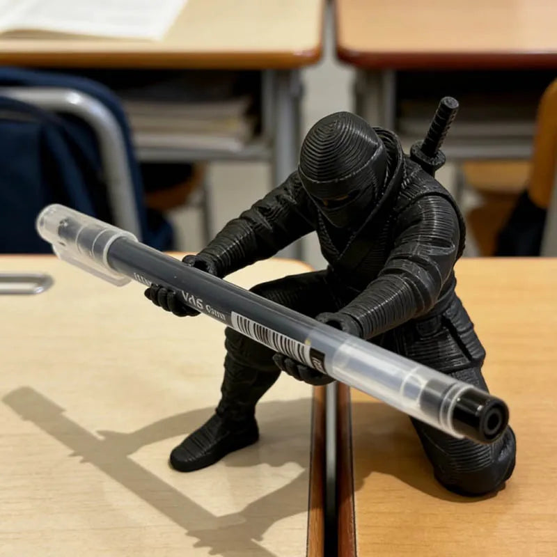 Portapluma negro de ninja sosteniendo una pluma transparente sobre escritorio