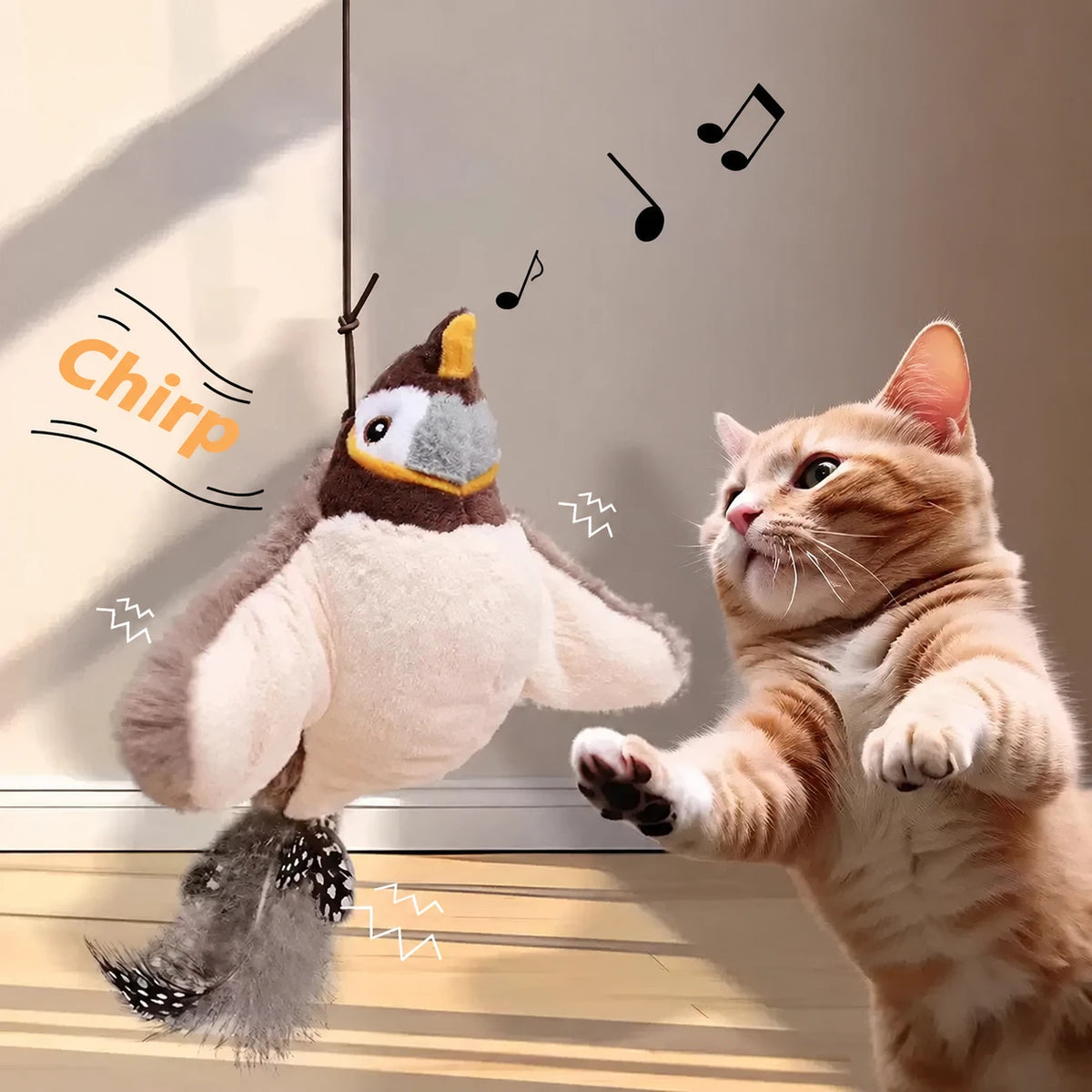 Gato frente a un juguete colgante con forma de ave y notas musicales ilustradas