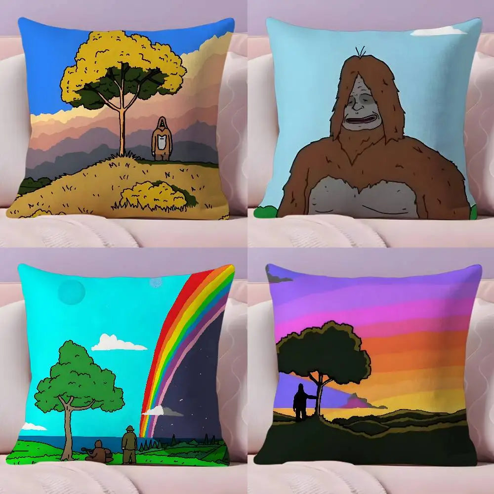 Cuatro diseños de fundas ilustradas con árboles, arcoíris y personajes