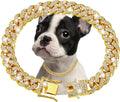 Collar dorado de eslabones con piedras transparentes, detalle del cierre y ejemplo en un perro.