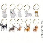 Ejemplos de dijes transparentes con formas de perros y aros para llaves.