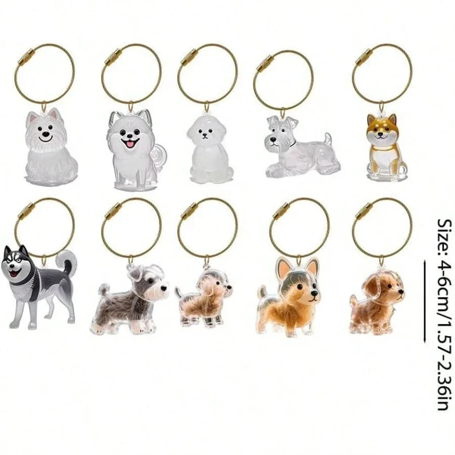 Ejemplos de dijes transparentes con formas de perros y aros para llaves.