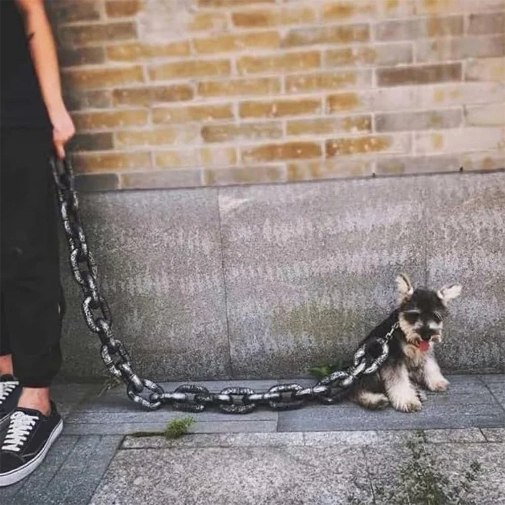 Cadena decorativa oscura extendida junto a una mascota pequeña