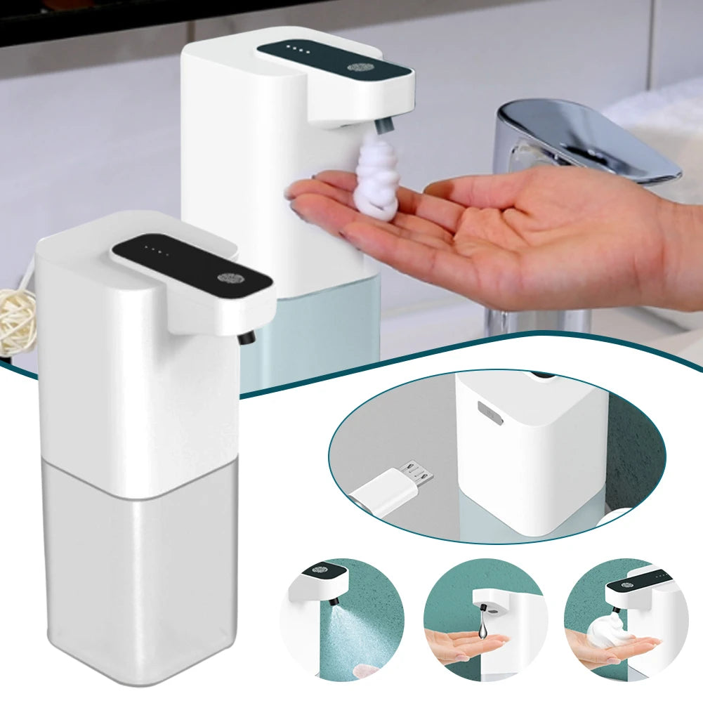 Dispensador automático junto al lavabo y vistas de funcionamiento y recarga