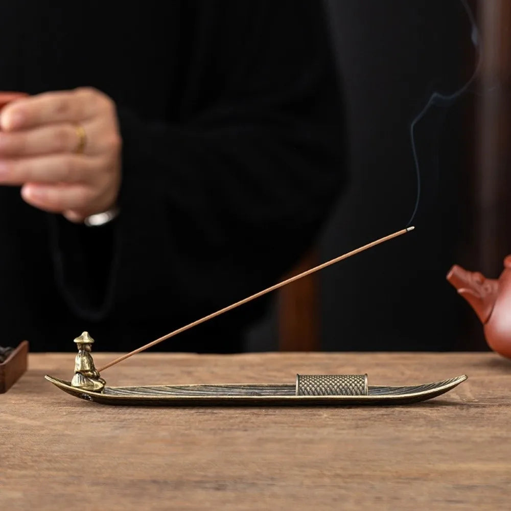 Unique Boat Shape Incense Holder Old Men Fishing Traditional Incense Burner Sturdy Metal Incense Stick Burner Tea Room