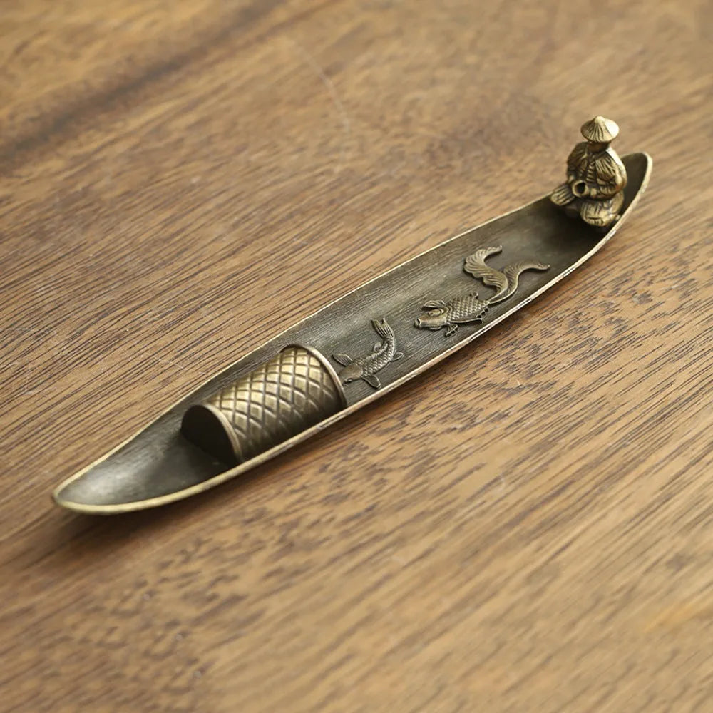 Unique Boat Shape Incense Holder Old Men Fishing Traditional Incense Burner Sturdy Metal Incense Stick Burner Tea Room