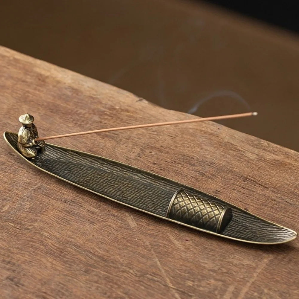 Unique Boat Shape Incense Holder Old Men Fishing Traditional Incense Burner Sturdy Metal Incense Stick Burner Tea Room