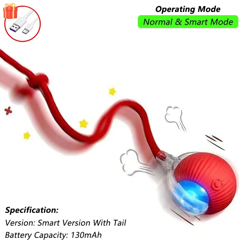 Pelota roja con cola flexible y extremo transparente iluminado en azul