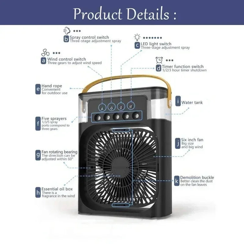 Ventilador de escritorio USB con nebulizador y luz LED