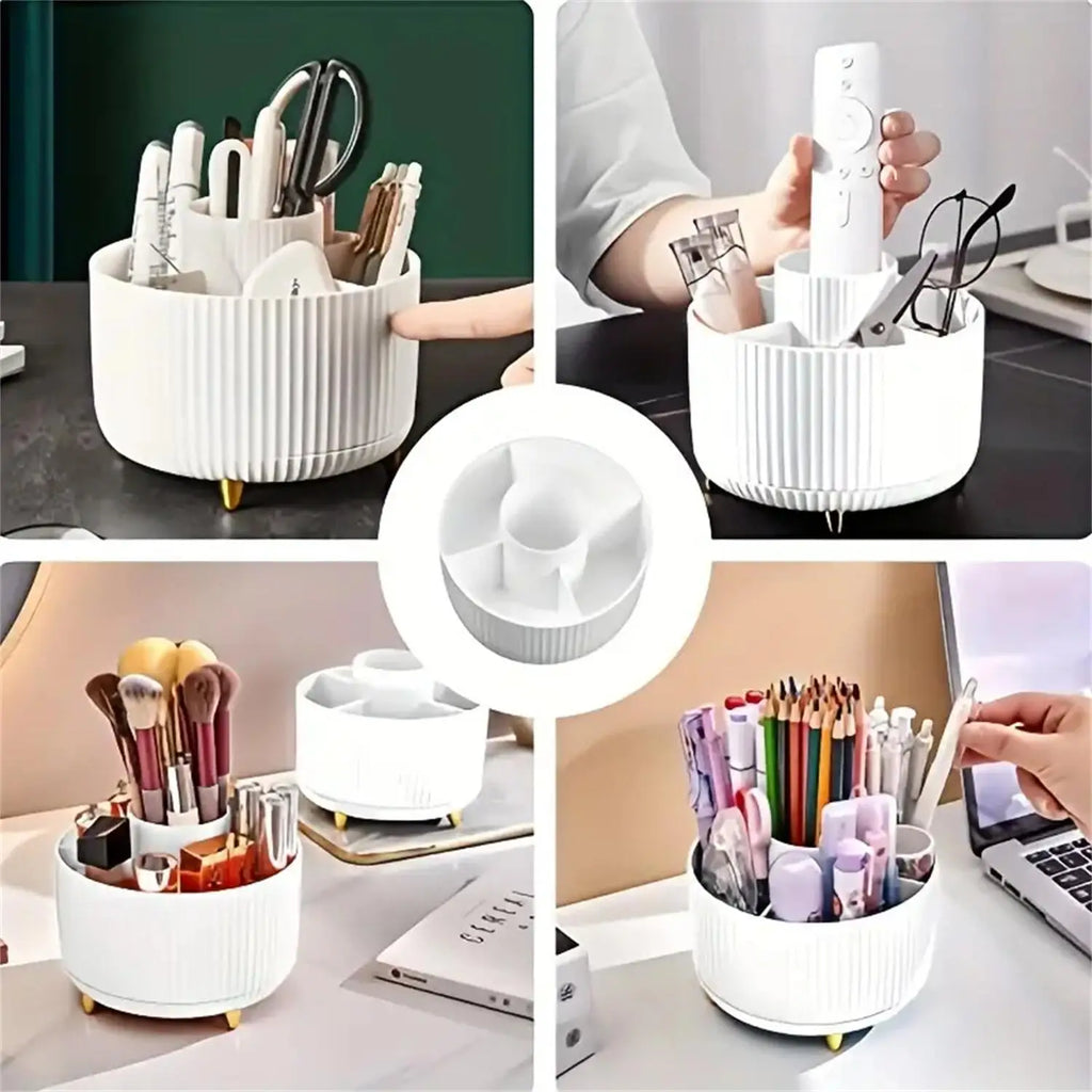 Organizador blanco de maquillaje con compartimentos, mostrado en distintos usos
