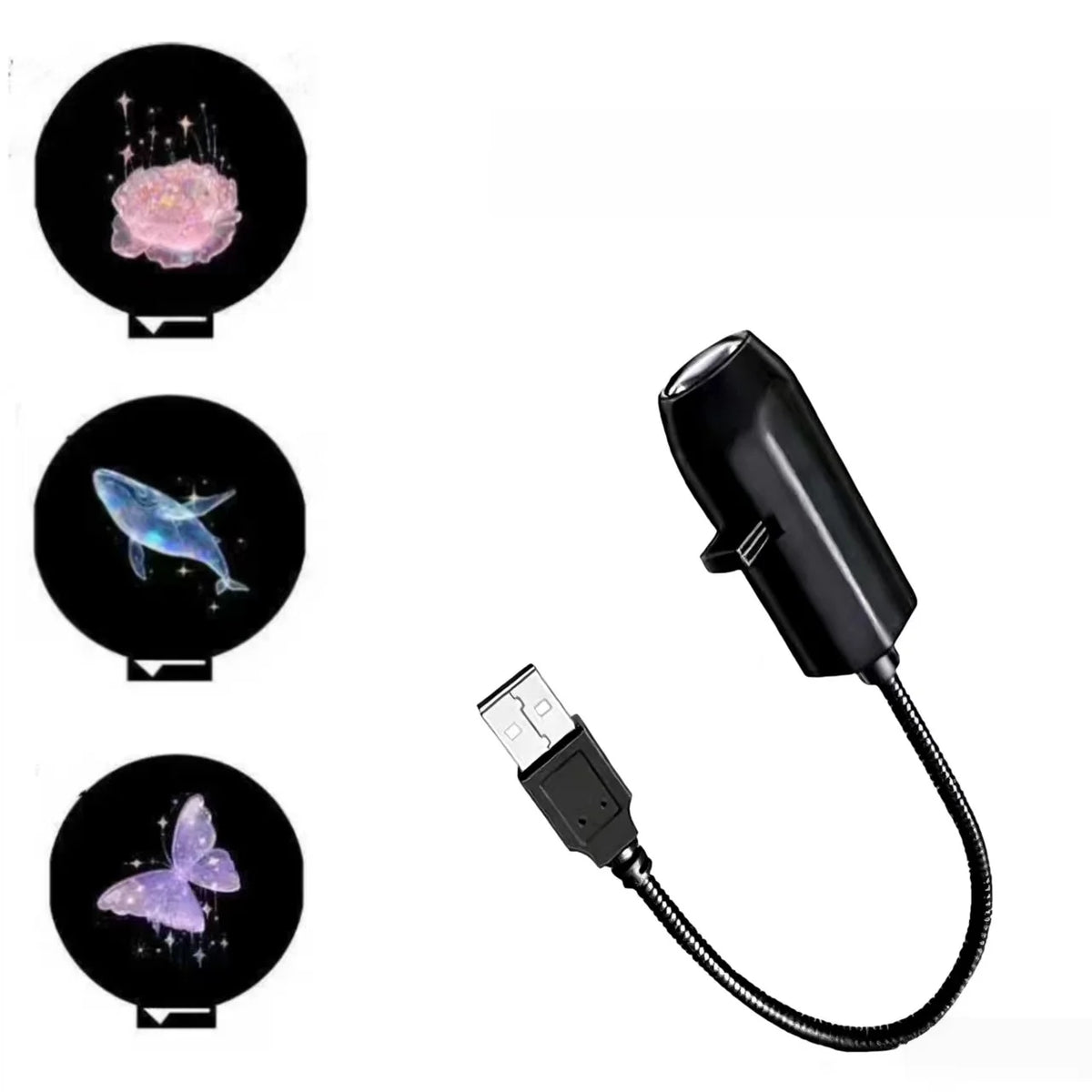 Proyector USB con tres láminas de fantasía: flor, ballena y mariposa.