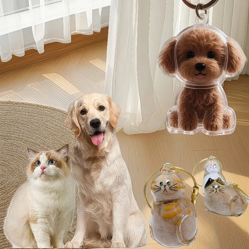 Ejemplos de recuerdos transparentes con formas de perro y gato.