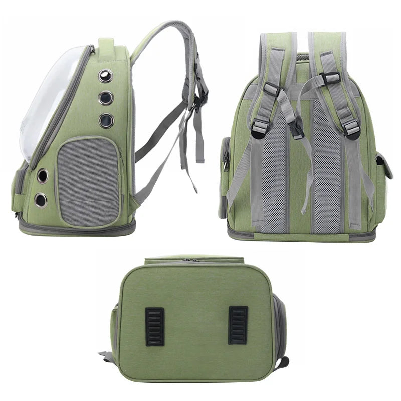 Vistas lateral, posterior e inferior de la mochila transportadora verde.
