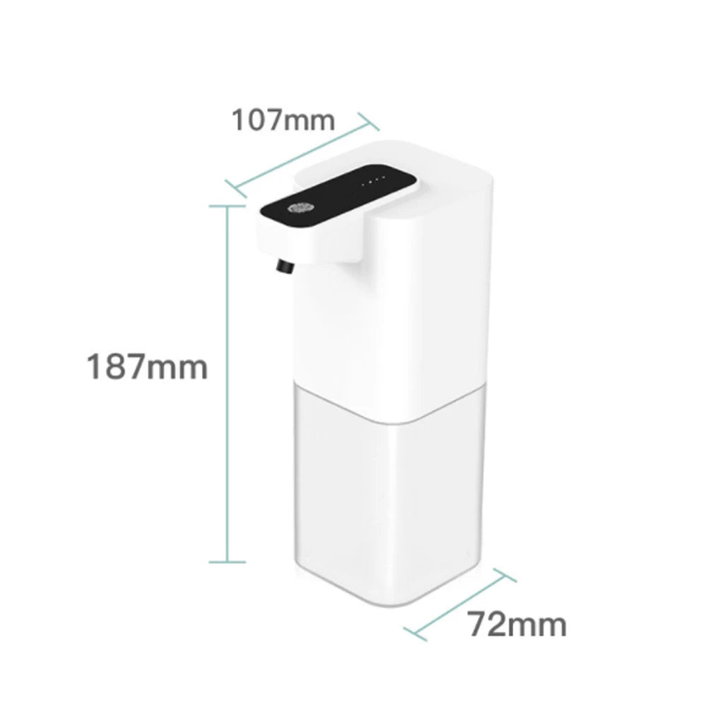 Dispensador automático blanco con medidas indicadas de 18.7 por 10.7 por 7.2 cm