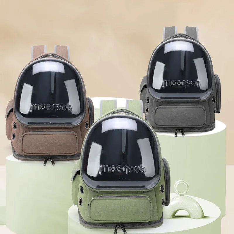Mochilas transportadoras para mascotas en verde, caqui y gris.