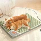Dos perros descansando sobre una cama verde con superficie acolchada y apoyo lateral.
