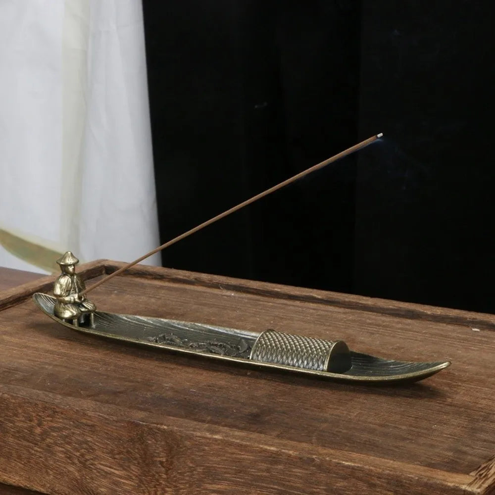Unique Boat Shape Incense Holder Old Men Fishing Traditional Incense Burner Sturdy Metal Incense Stick Burner Tea Room