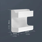 Soporte blanco de doble barra con medidas indicadas de 9.7 por 8.6 por 3.6 cm