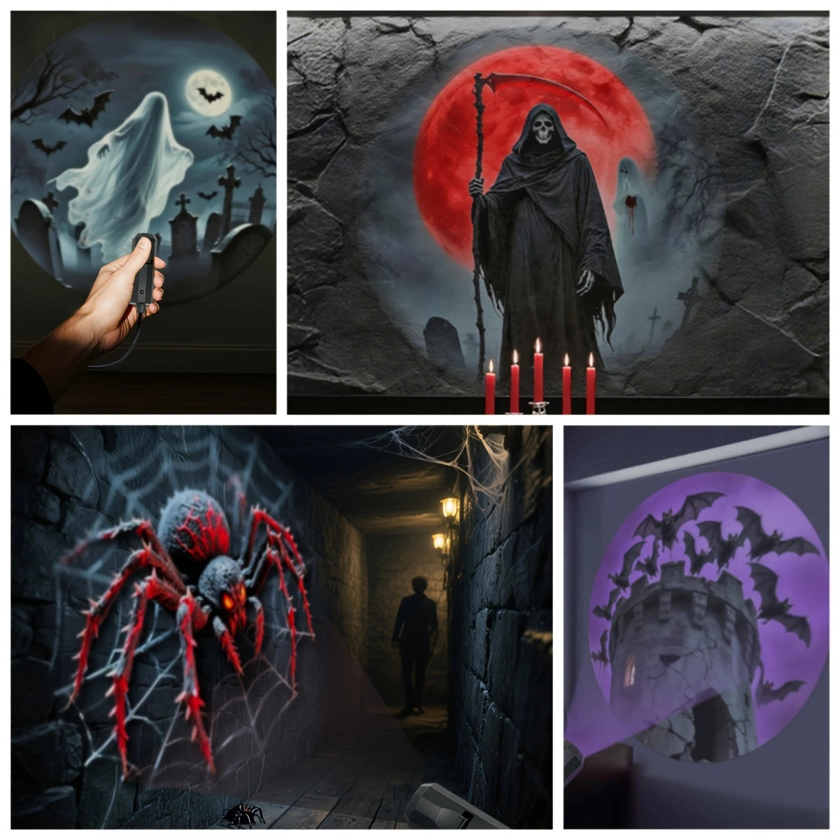 Ejemplos de diseños de Halloween: fantasma, figura encapuchada, araña y castillo.