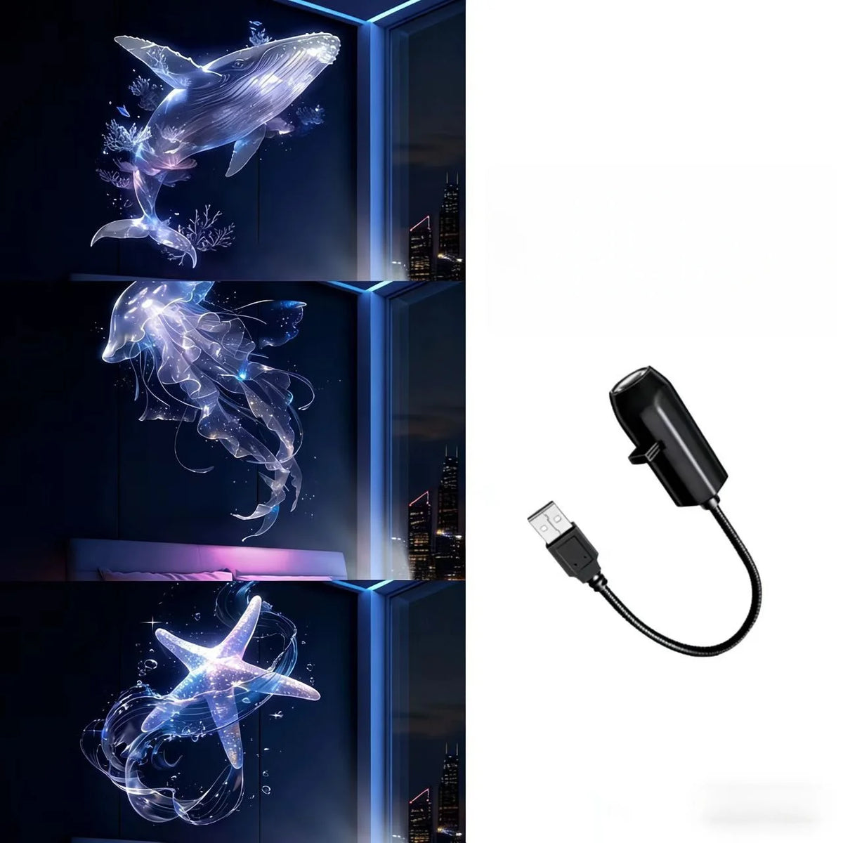 Proyector USB con ejemplos de ballena, medusa y estrella de mar.