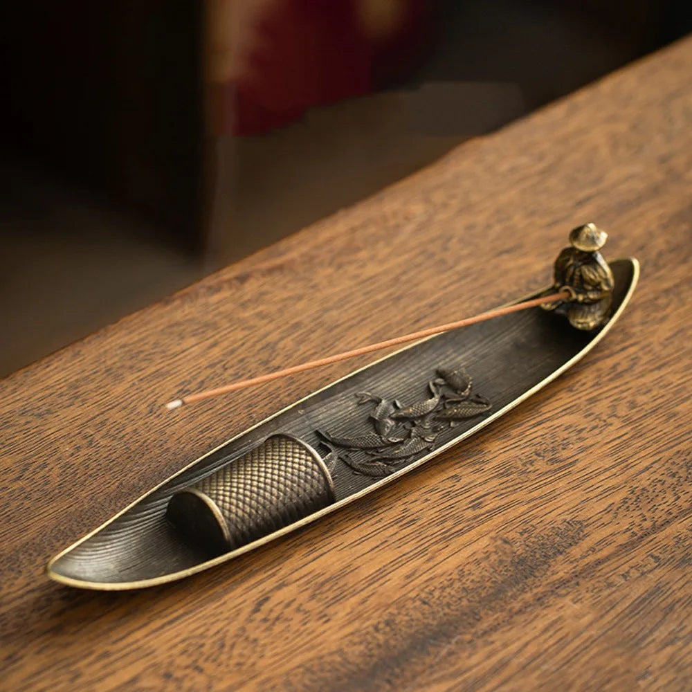 Unique Boat Shape Incense Holder Old Men Fishing Traditional Incense Burner Sturdy Metal Incense Stick Burner Tea Room