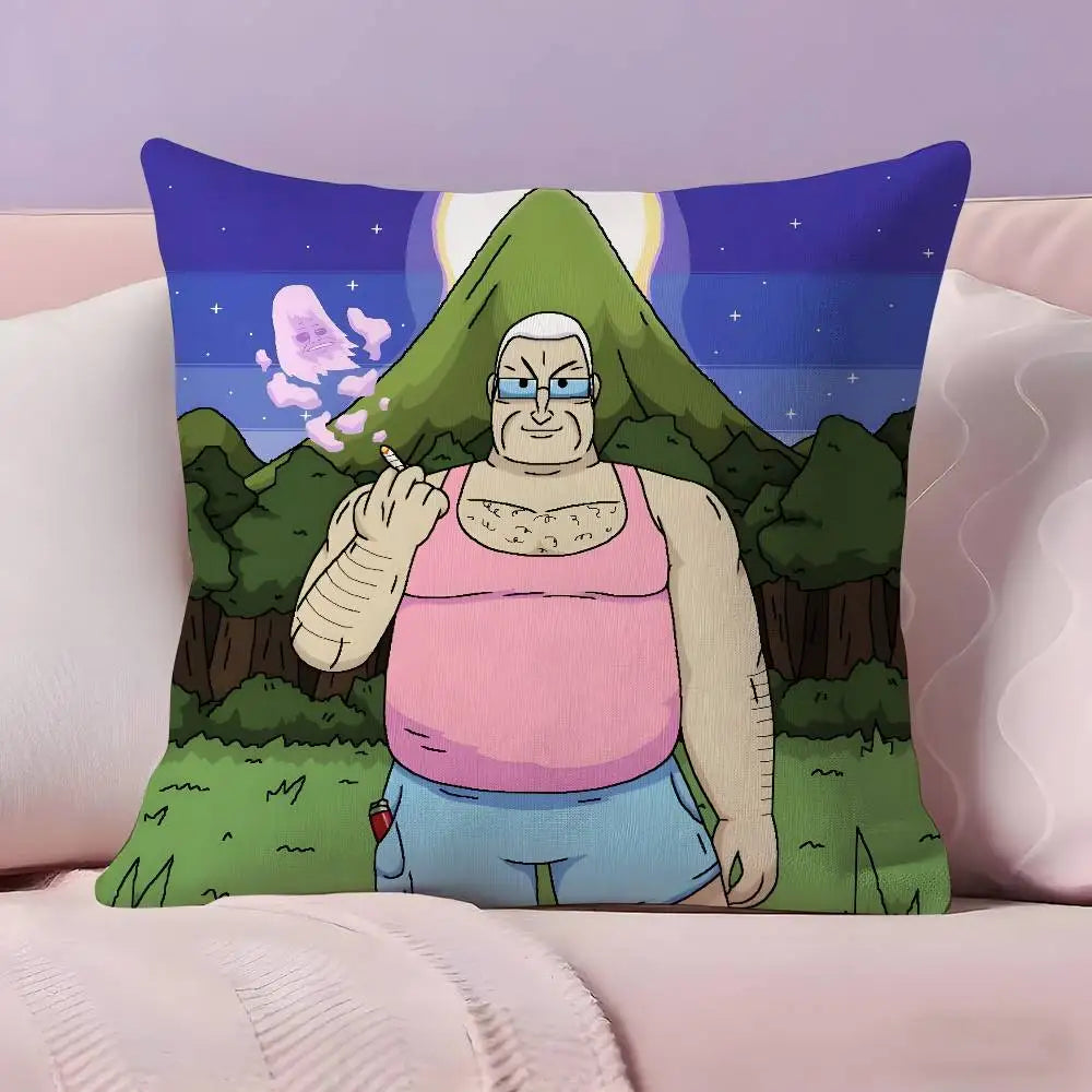 Funda ilustrada con personaje de camiseta rosa frente a una montaña