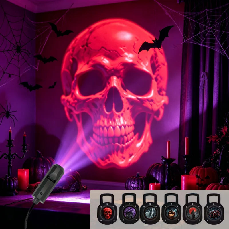 Ejemplo de proyección de calavera y seis diseños de Halloween.