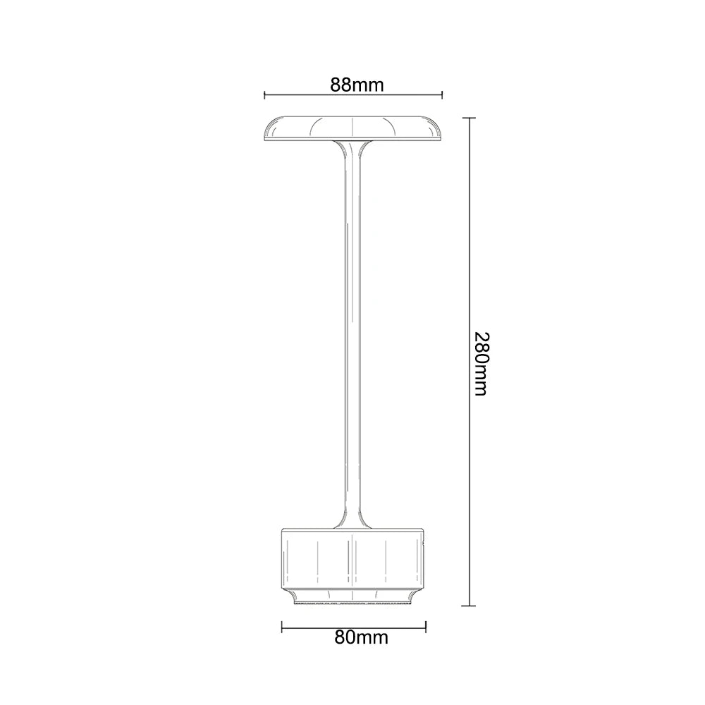Diagrama de la lámpara de mesa: 280 mm de alto, base de 80 mm y pantalla de 88 mm.