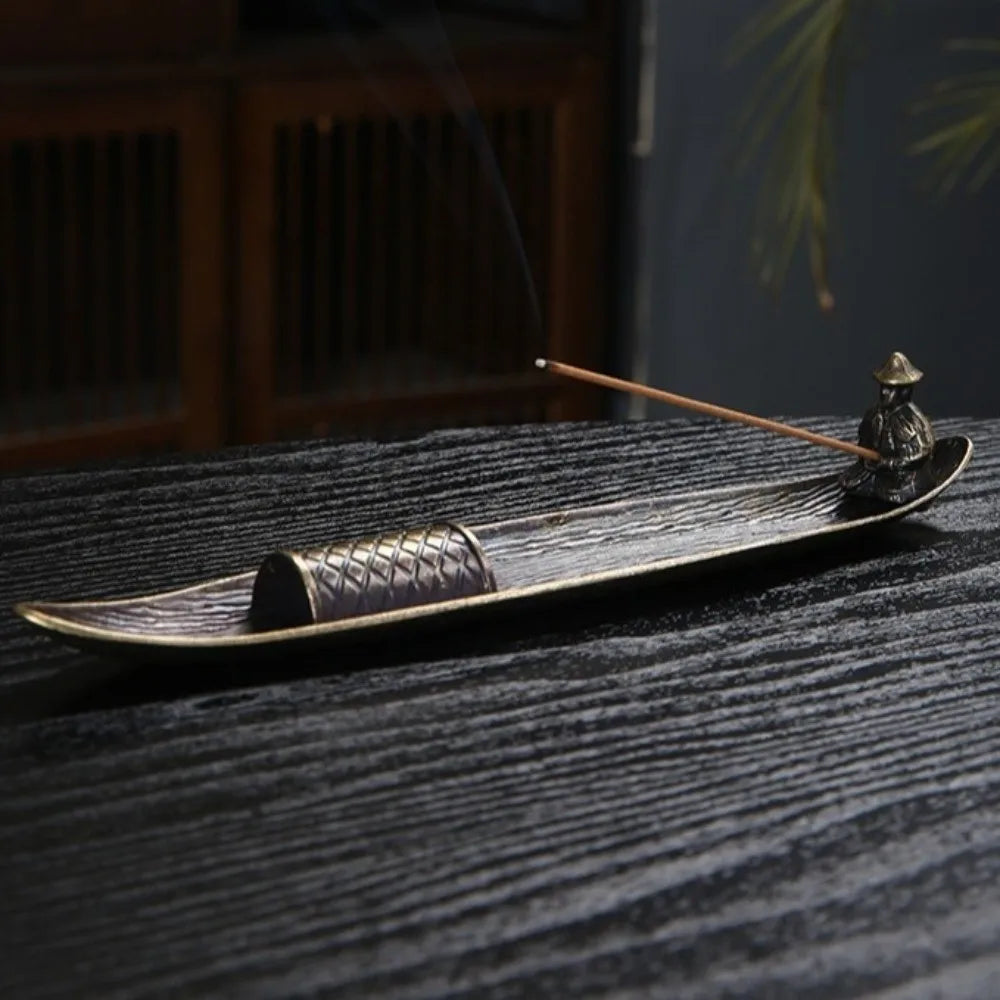 Unique Boat Shape Incense Holder Old Men Fishing Traditional Incense Burner Sturdy Metal Incense Stick Burner Tea Room
