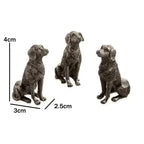 Tres soportes de perro sentado con diagrama de medidas.