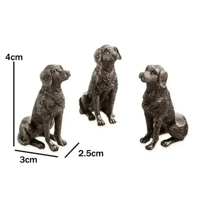 Tres soportes de perro sentado con diagrama de medidas.