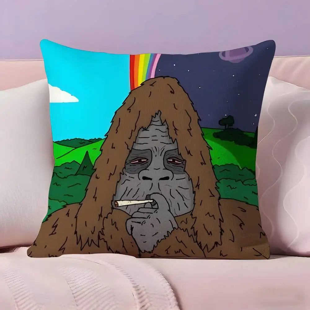 Funda ilustrada con personaje peludo y arcoíris al fondo