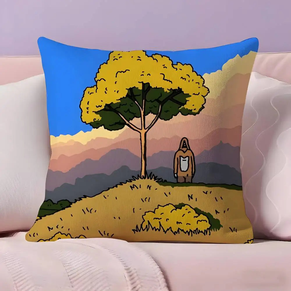 Funda ilustrada con árbol amarillo y montañas al fondo
