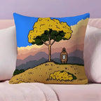 Funda ilustrada con árbol amarillo y montañas al fondo