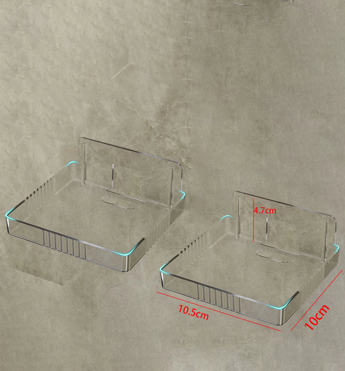 Juego de dos soportes transparentes de charola rectangular con medidas de referencia