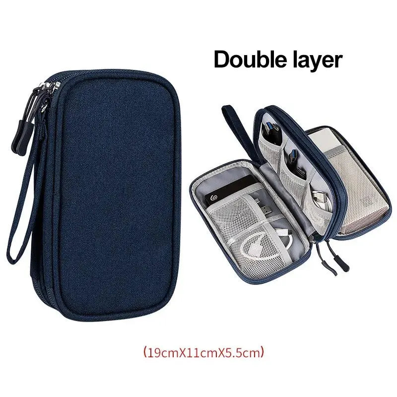 Estuche azul de doble nivel, cerrado y abierto con compartimentos interiores